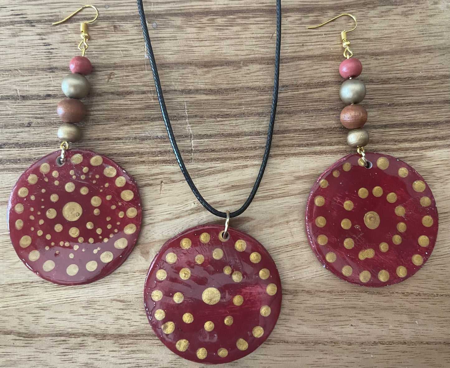 Artisan Hand-Painted Crimson & Gold Mandala Dot Jewelry Set