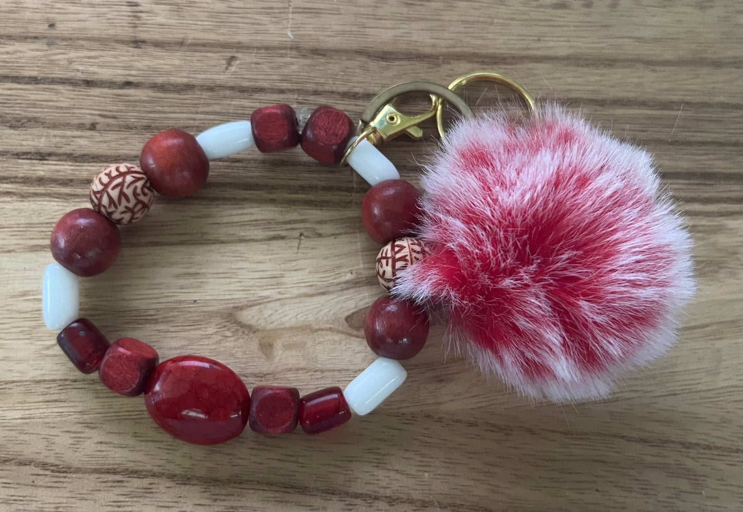 Crimson & Cream Beaded Wristlet Keychain